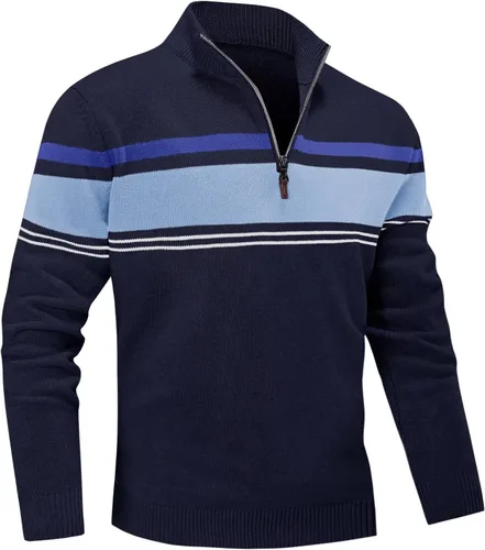 Vista 12 de MAGNIVIT Suéter para hombre, con cremallera de un cuarto, a rayas, para otoño, invierno, primavera, bloque de color, polo, sudaderas Negro