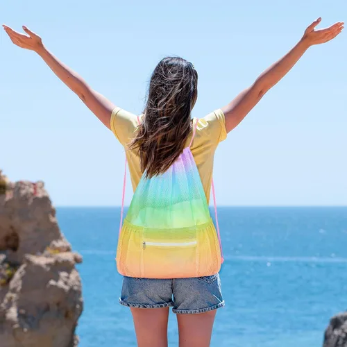 Vista 2 de Mochila de malla con cordón, bolsa de gimnasio deportiva grande para mujeres y niños con bolsillo y cremallera para playa, yoga, fútbol, fútbol, Con