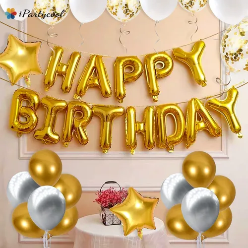 Vista 2 de iPartycool 36 decoraciones de cumpleaños, pancarta de cumpleaños, globos de papel de aluminio 3D, globos metálicos de confeti de estrella grande Oro