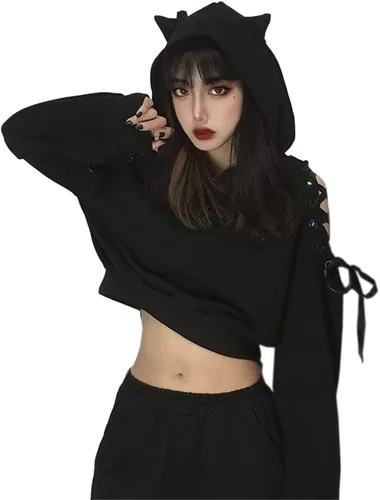 Vista 4 de Sudadera con capucha para mujer con orejas de gato, manga larga, hombros descubiertos, bonita sudadera con capucha