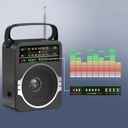 Vista 5 de JEUJUG Radio AM FM portátil, Radio Bluetooth 5.0 de 5 Watts con altavoz, Radio FM con batería recargable incorporada/Batería DC D*4 de celdas Negro