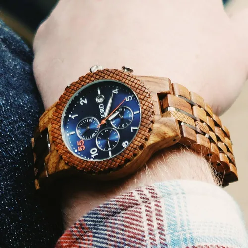 Vista 3 de Jord Relojes de pulsera de madera para hombre, cronógrafo, correa de reloj de madera y metal, bisel de madera, movimiento de cuarzo analógico