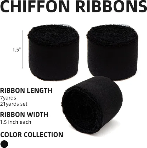 Vista 2 de KEOSREE 3 Rollos de Cinta de Gasa Negra Hecha a Mano, 1.5" x 21 Yardas Cintas de Seda con Flecos Deshilachados (3 Rollos *7 Yardas) para Envolver