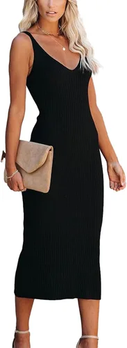 Vista 3 de Vestido de suéter sin mangas para mujer, sexy, con cuello en V, vestido de tirantes ajustado de punto acanalado, vestido ajustado de punto