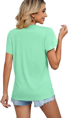 Vista 5 de WELINCO Camisetas básicas de verano para mujer, cuello en V, manga de pétalo, estilo casual
