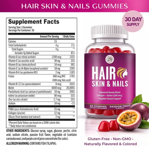 Vista 11 de Grab The Gold Vitaminas para el cabello, la piel y las uñas para mujeres, gomitas con 6000 mcg de biotina y colágeno, 10 vitaminas y minerales