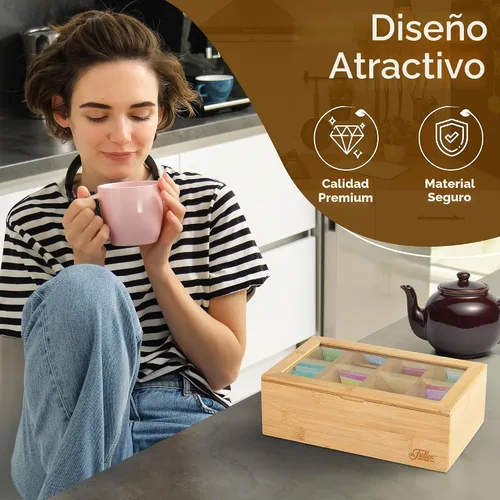 Vista 5 de Fuller Organizador de caja de té de bambú con 8 compartimentos, estuche de almacenamiento de té de bambú natural con tapa acrílica transparente