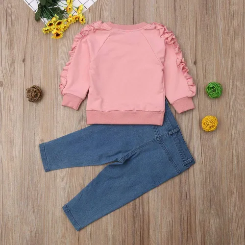 Vista 3 de Sudadera de manga larga con volantes, pantalones de mezclilla, 2 piezas