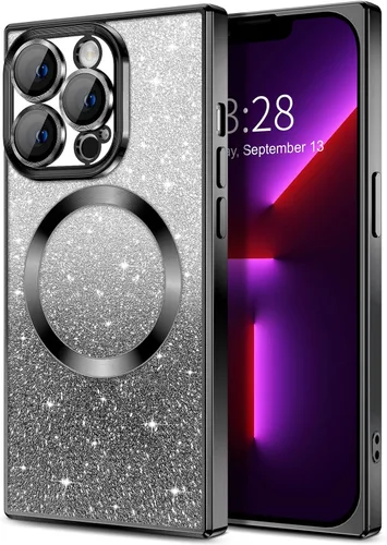 Vista 155 de Hython Funda para iPhone 13 Pro transparente con purpurina magnética [compatible con MagSafe] Protector completo de lente de cámara delgado