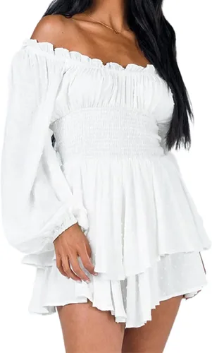 Vista 2 de NUFIWI Mono corto de gasa con volantes y hombros descubiertos para mujer, estilo bohemio, de manga larga, con lazo en la cintura