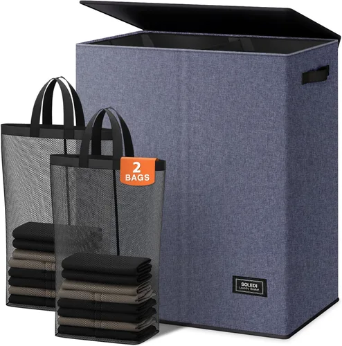 Vista 11 de SOLEDI Cesta de lavandería grande doble con tapa, cesta de ropa plegable de 2 secciones con bolsas extraíbles, cesta de lavandería que ahorra