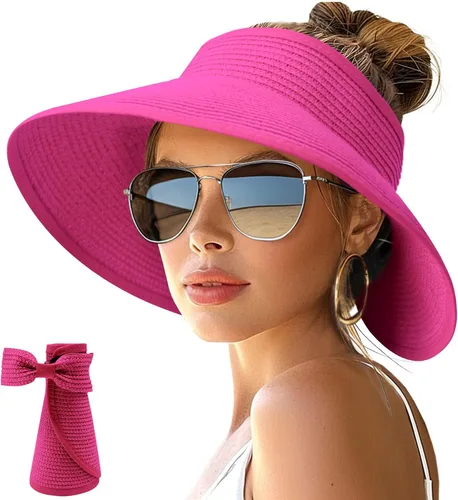 Vista 24 de NPJY Sun Hats for Women Wide Brim Roll-Up Ponytail Packable Straw Visor Blanco