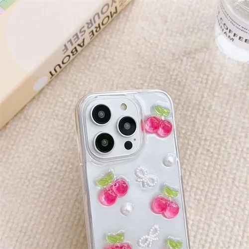 Vista 7 de Blingy's Funda para iPhone 14 Pro Max, bonito patrón de cerezas, estilo tropical, funda protectora transparente de TPU suave transparente de 6.7