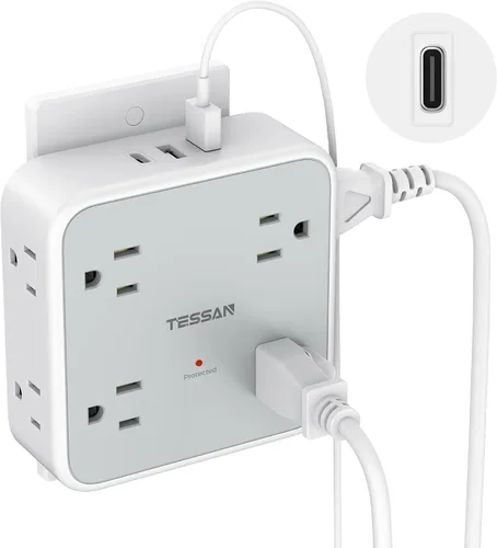Vista 9 de TESSAN - Extensor de toma de corriente múltiple, extensor de enchufe de pared con 8 enchufes, divisor de salida múltiple con 3 puertos USB