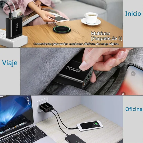 Vista 3 de Cargador de pared 3.0 de carga rápida, bloque de cargador USB de 4 puertos, enchufe USB múltiple negro(Black (4-Port))