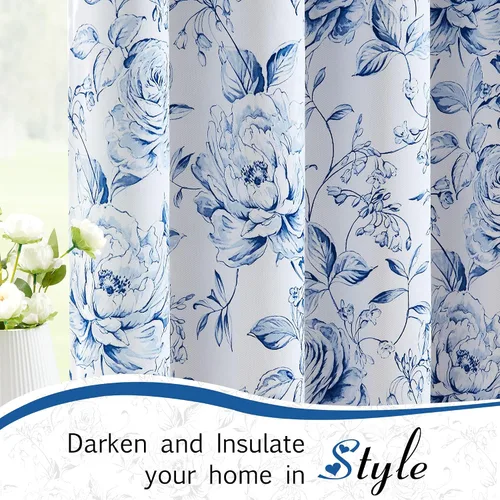 Vista 4 de Beauoop - Cortinas florales 100% blackout, de 84 pulgadas de largo, 2 paneles, para dormitorio, sala de estar, azul marino y blanco