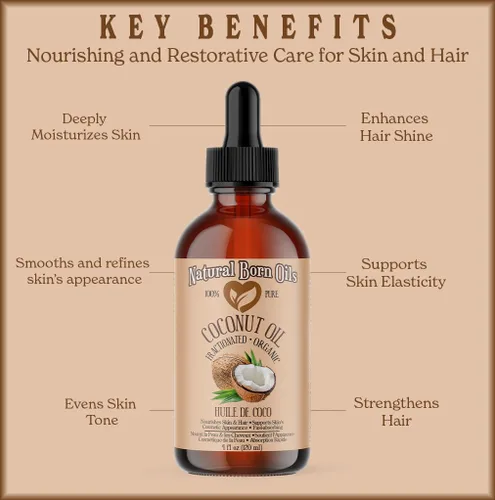 Vista 5 de Aceite de coco fraccionado, 8oz, orgánico, prensado en frío, no grasoso, humectante de la piel, potenciador del brillo del cabello, Natural Born