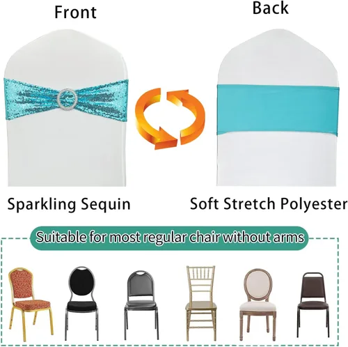 Vista 4 de Bandas para Sillas con Lentejuelas Elásticas Lazos de Spandex Poliéster para Fiestas Hotel Bodas Banquetes Decoración - 6 Piezas Aqua