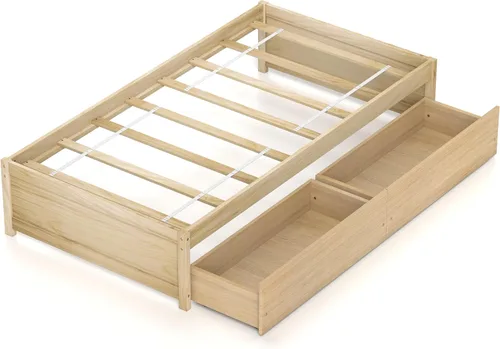 Vista 9 de KOMFOTT Base de cama de plataforma de madera de tamaño individual con 2 cajones de almacenamiento, plataforma de madera con soporte de tablillas