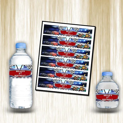 Vista 3 de Calcomanías impermeables para botellas de agua para niños, personalizables, paquete de 12 (coches)