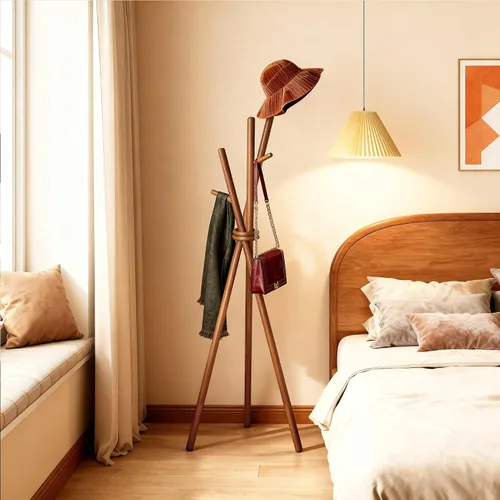 Vista 9 de VICITON Perchero de madera, trípode independiente con 3 ganchos para ropa, sombreros y bolsos, perchero para dormitorio, sala de estar, entrada