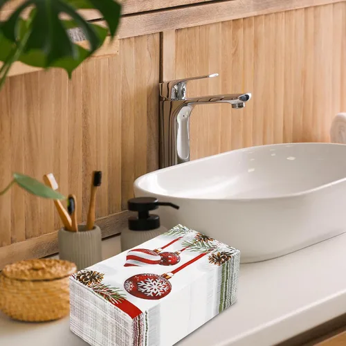 Vista 6 de AnyDesign Paquete de 100 servilletas de Navidad para invitados, bola colgante de Navidad, patrón de cono de pino, servilletas de papel desechables