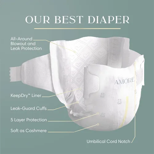 Vista 2 de Pampers Amore, tamaño 0 (hasta 10 libras), 76 unidades, nuestro mejor pañal, hipoalergénico y sin fragancia, hasta 100% a prueba de fugas, suave