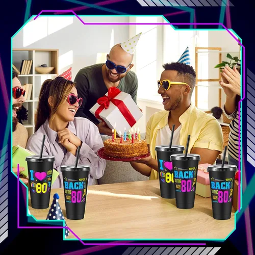 Vista 5 de Uiifan 12 vasos de plástico reutilizables de 24 onzas con tapa y popote para fiestas de los años 80, para decoración de fiestas de los 80