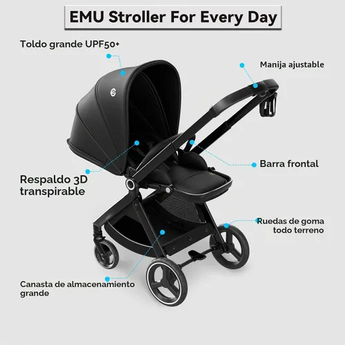 Vista 8 de EMU - Cochecito de bebé con asiento reversible, tamaño completo, con cabina reclinable, compacto y plegable para niños pequeños, para la ciudad al