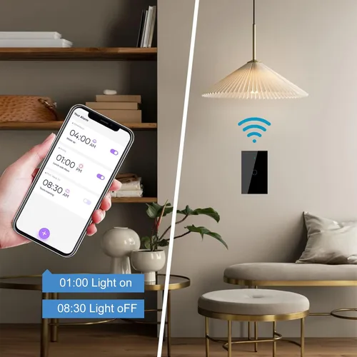 Vista 4 de Interruptor de luz de pared inteligente WiFi, estándar estadounidense, control de voz, panel de vidrio templado, interruptores táctiles Wi-Fi de 2.4