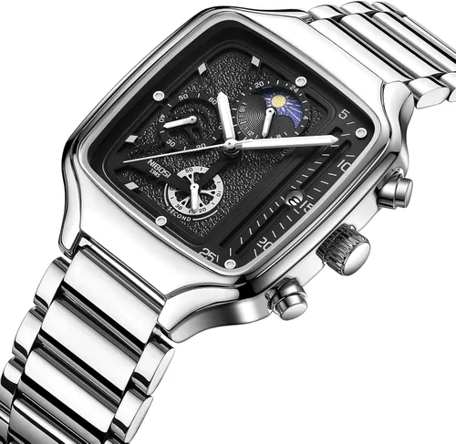 Vista 2 de NIBOSI Reloj de cuarzo para hombre, cronógrafo, cuadrado, dorado, resistente al agua, para negocios, militar, deportivo, acero inoxidable, fecha