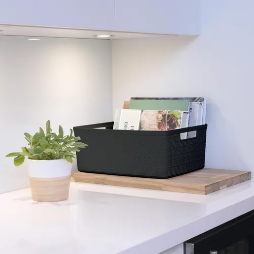 Vista 6 de Curver Juego de 6 cestas decorativas de plástico de yute mediano de 12 litros, para organización y almacenamiento, contenedores perfectos para Negro