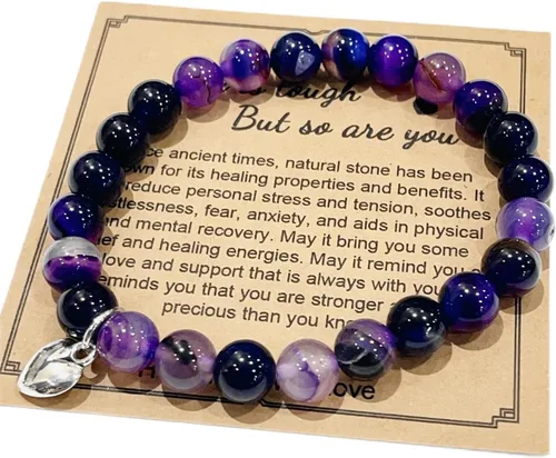 Vista 2 de Caiyao Pulsera curativa con cuentas de amatista natural para mujeres con tarjeta de mensaje, la vida es dura, pero así eres tú, pulsera inspiradora
