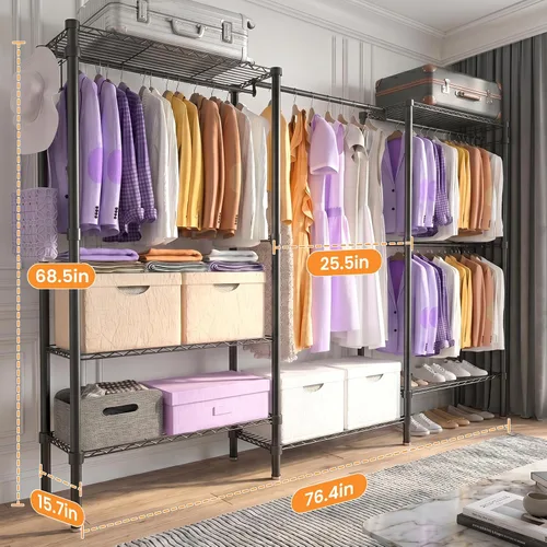 Vista 6 de Perchero de ropa resistente, perchero independiente para colgar ropa, perchero de metal ajustable con 6 varillas y 6 estantes, armario portátil