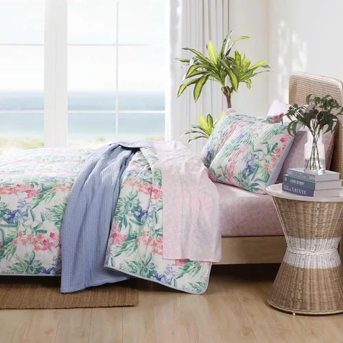 Vista 2 de Tommy Bahama - Juego de edredón tamaño Queen, ropa de cama reversible de algodón costero con fundas a juego, juego de ropa de cama botánica colorido