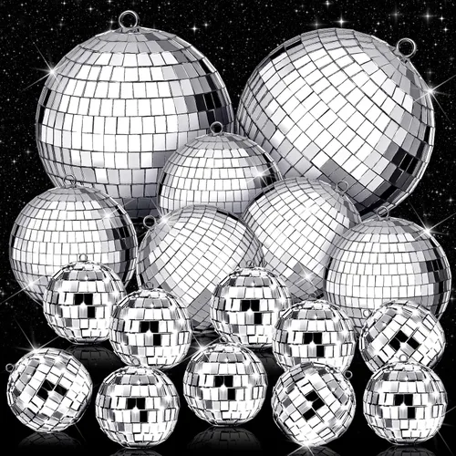 Vista 9 de 17 Piezas de Decoración de Bola de Discoteca: Bolas de Discoteca Colgantes de Espejo de Tamaño Variado Mini y Grande - Adornos de Navidad Plateados