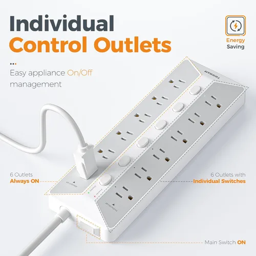 Vista 2 de TESSAN Regleta protectora de sobretensiones, 6 interruptores individuales y 12 tomas, cable de extensión de 6 pies con múltiples tomas, regleta