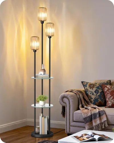 Vista 13 de Lámpara de pie con estantes, moderna lámpara de pie con 3 pantallas de lino e interruptor de pie, lámpara de pie de 3 luces, para sala de estar