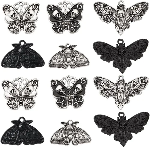 Vista 7 de SUNNYCLUE 1 caja de 24 dijes de polilla para Halloween, de plata antigua, estilo gótico, fases lunares, polilla, insecto, mariposa, esqueleto