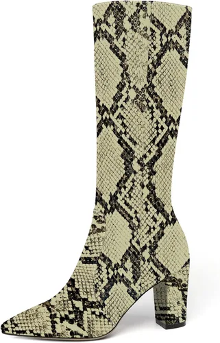 Vista 2 de AMBELIGHT Botas altas hasta la rodilla con cremallera y puntera puntiaguda para mujer, de patente sólida, tacón alto, 3.3 pulgadas