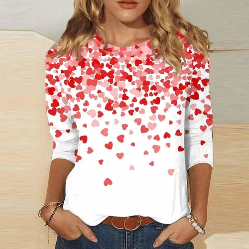 Vista 97 de Camisetas personalizadas para mujer, a la moda, casual, de séptima manga, estampada, cuello redondo, camiseta