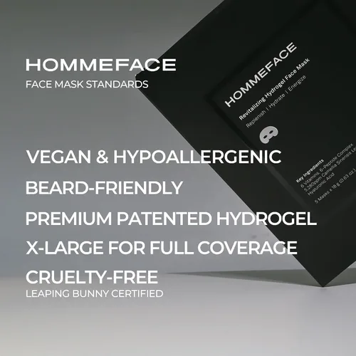 Vista 7 de HommeFace Juego de mascarillas faciales de hidrogel revitalizante para hombre (5 unidades) – Mascarillas hidratantes, amigables con la barba