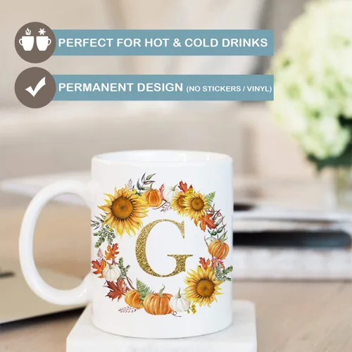 Vista 4 de Taza de café de cerámica personalizada con inicial de otoño, 11 o 15 onzas