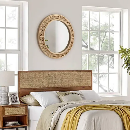Vista 6 de FLORA Espejo de pared redondo de ratán con marco de madera, espejo Espejo decorativo bohemio moderno para baño, entrada, sala de estar, dormitorio