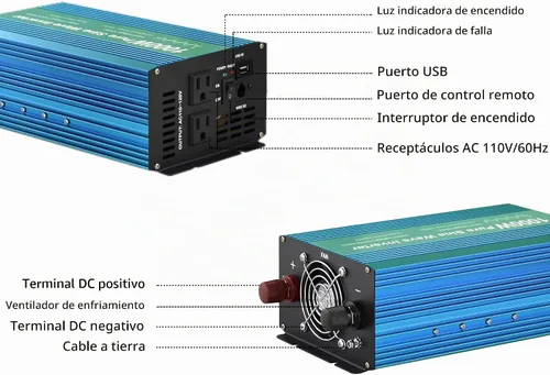 Vista 4 de Inversor de Potencia de Onda Senoidal Pura 1000W DC12V a AC 110V con enchufes duales y USB, kit con LCD y control remoto. (1000W)