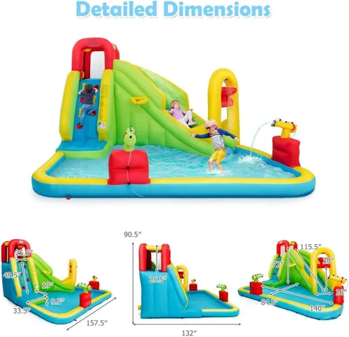 Vista 7 de OLAKIDS Tobogán acuático inflable, casa de rebote 7 en 1 con 2 toboganes, pared de escalada, piscina de salpicaduras, borde de baloncesto, 2