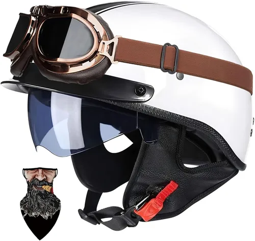 Vista 10 de Casco Moto Retro Vintage Jet Medio para Hombre y Mujer Adultos, DOT Homologado, Ventilación Dual, Visera Retráctil y Desmontable, Apto para Patinete