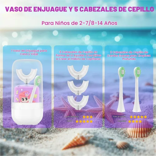 Vista 4 de Cepillo de dientes eléctrico para niños, cepillo de dientes en forma de U, cepillo automático sónico para niños con taza, 5 cabezales de cepillo, 6