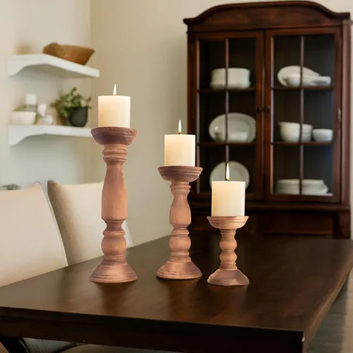 Vista 2 de Rustic Farmhouse Candle Holders Set Of 3 Wooden Pillars, Natural Decorative Stands