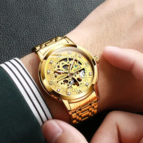 Vista 3 de OLEVS Reloj mecánico automático de esqueleto dorado para hombre con cuerda automática vestido de lujo brillante acero inoxidable resistente al agua